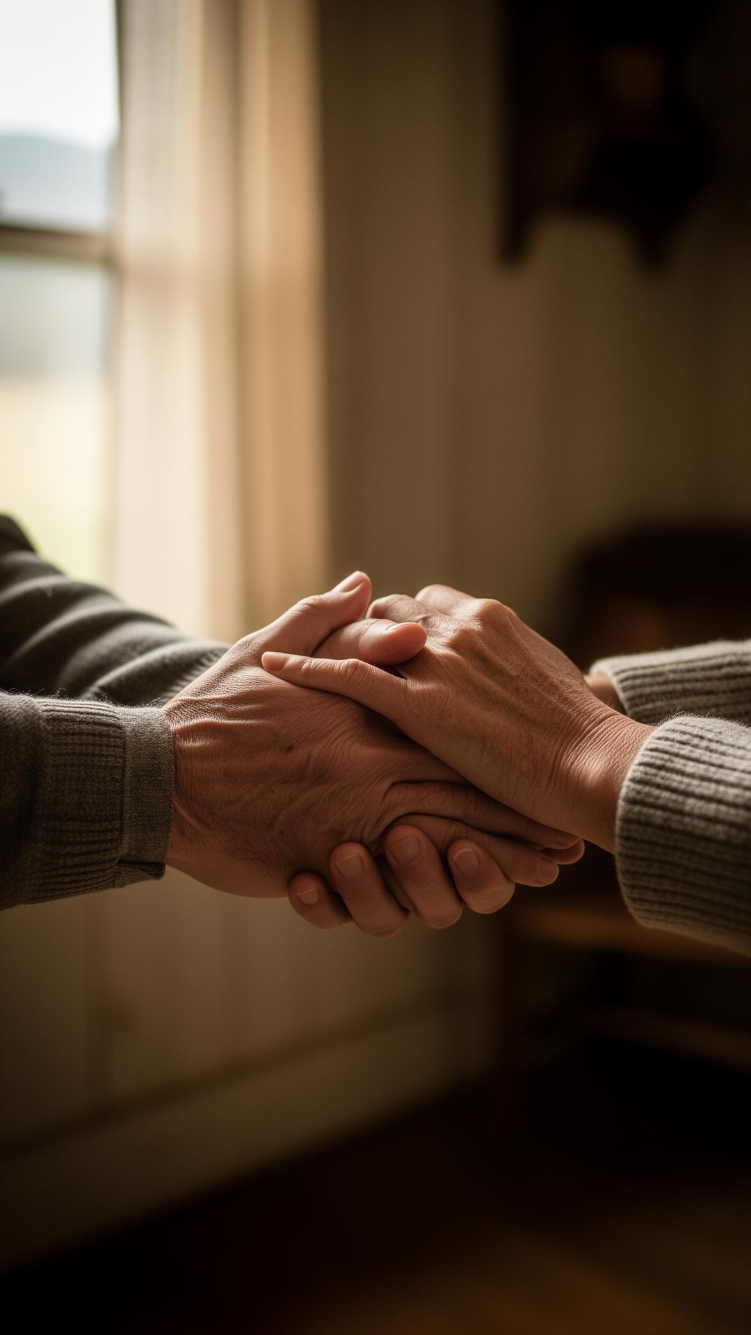 Two hands clasped in support, soft window light